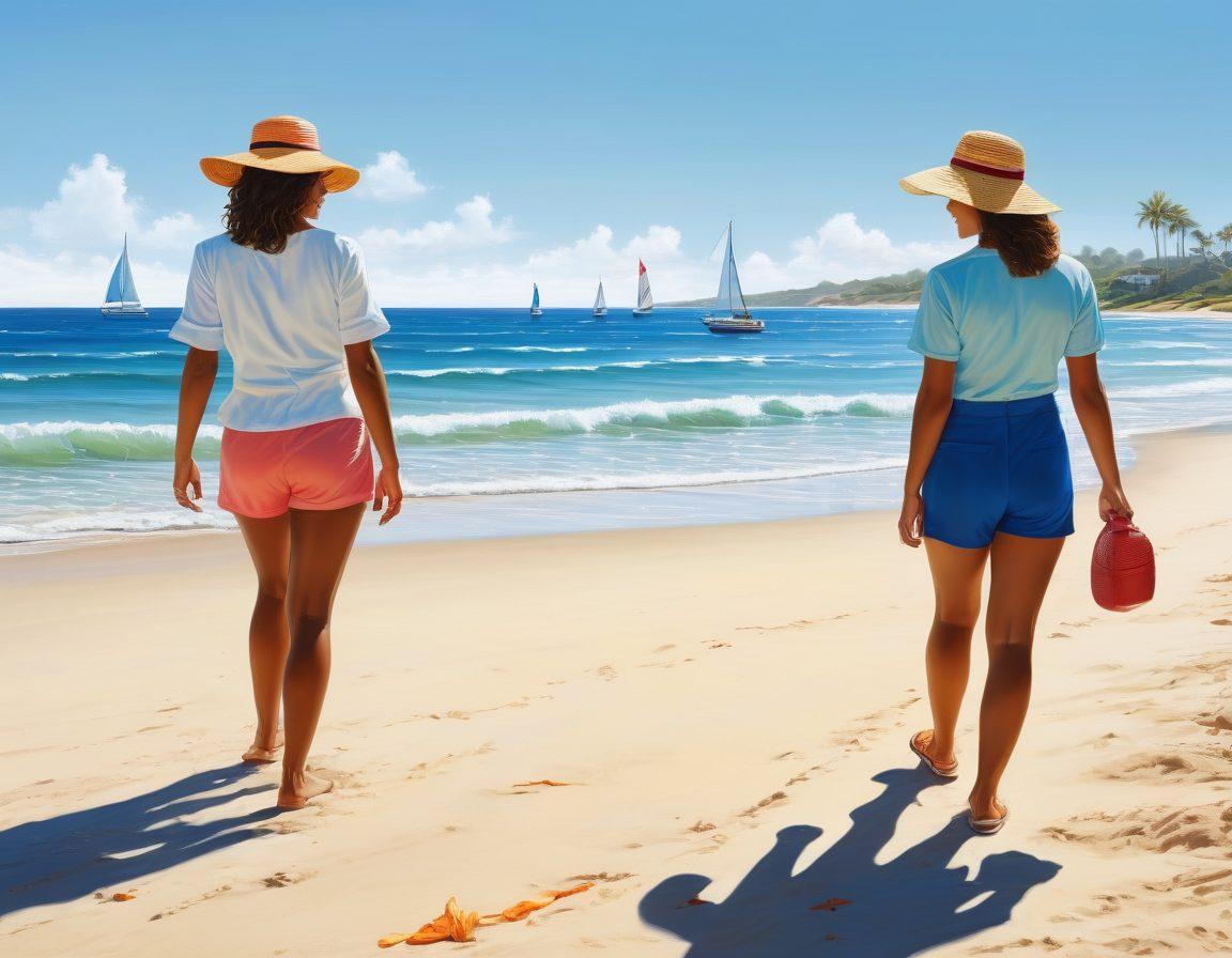 A stylish beach scene featuring diverse maritime professionals wearing essential beach attire, including sun hats, UV-protective clothing, and water shoes, engaged in various activities like sailing, beachcombing, and enjoying the sun. The background showcases a vibrant ocean with clear skies and distant sailboats along the horizon. Bright and cheerful colors convey a sense of fun and professionalism. super-realistic. vibrant colors. sunny beach ambiance.