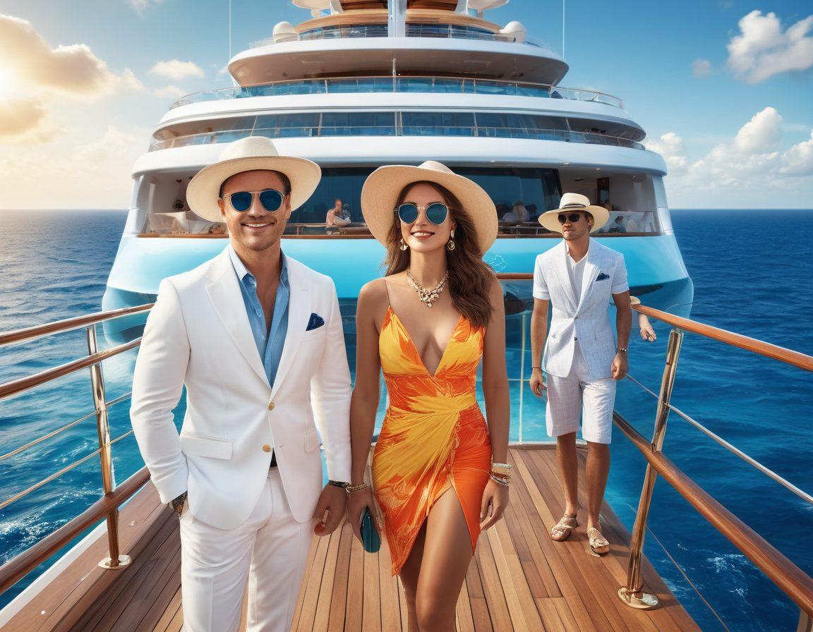 A stylish cruise ship deck scene featuring a diverse group of elegantly dressed individuals in vibrant summer attire, showcasing a variety of swimwear and chic outfits. Include sun hats, sunglasses, and tropical accessories, with a backdrop of sparkling blue ocean and a sunny sky. The image should convey a sense of luxury, freedom, and adventure, inviting viewers to imagine themselves in a glamorous cruise experience. vibrant colors. 3D. high detail.